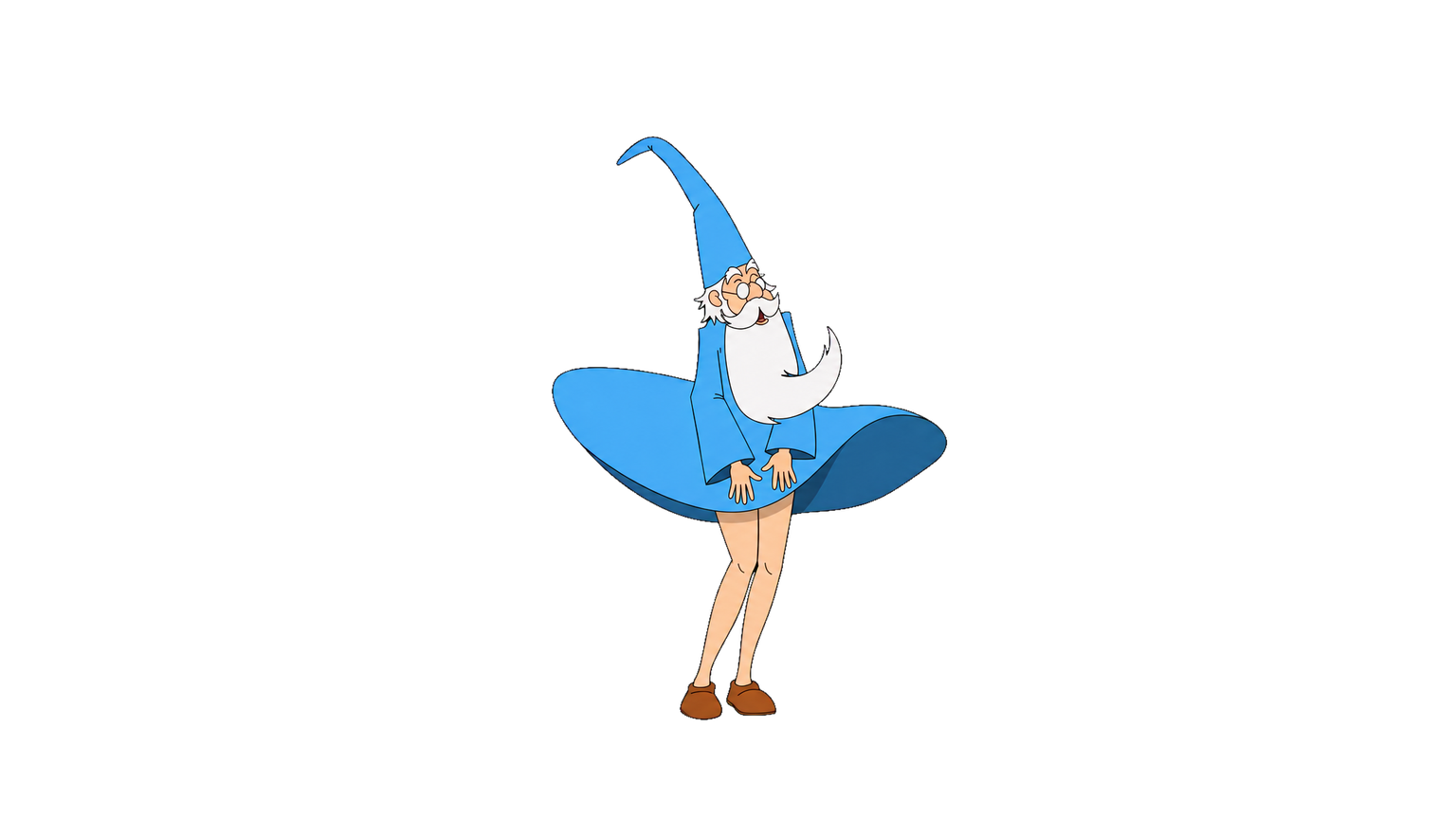 Air blasts up; Merlin's robe flies up showing his skinny legs.